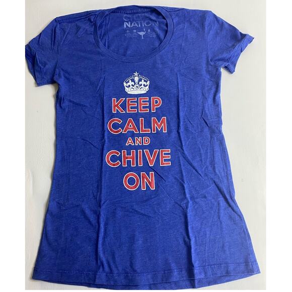 Keep Calm Chive On Women's Blue Graphic T-Shirt Tee Size Small - Picture 1 of 4